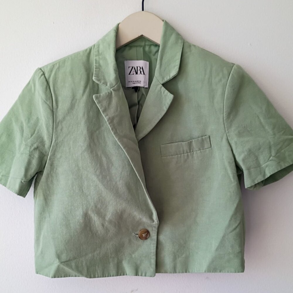 ZARA Cropped Blazer | Sage Green | Short Sleeve | Size XS